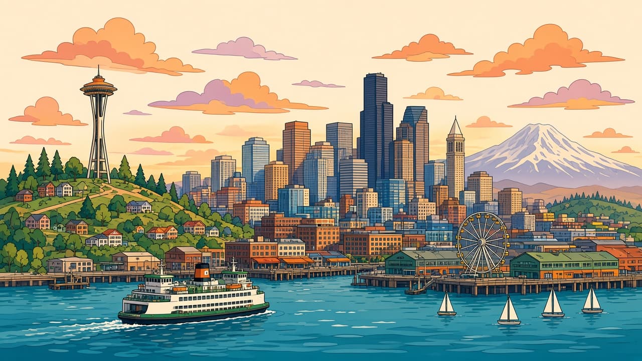 Illustrated Seattle: the Space Needle below Queen Anne Hill, downtown towers, Smith Tower, the Great Wheel on the waterfront, a ferry on Elliott Bay and Mount Rainier